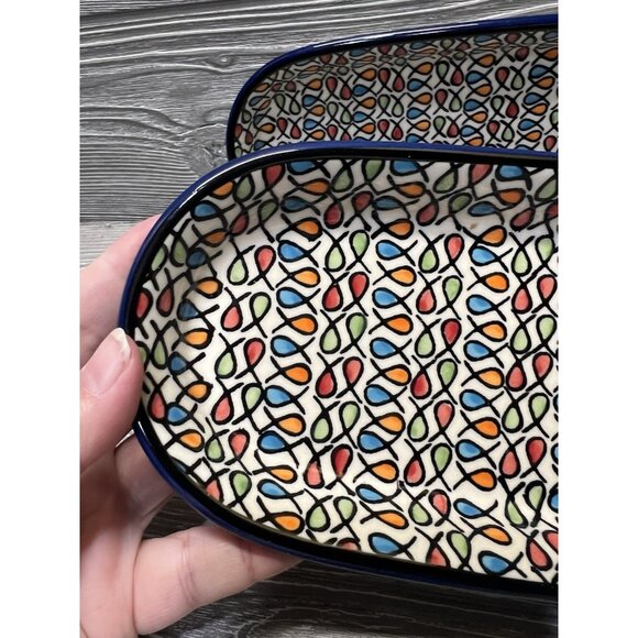 Hand-Painted Oval Dishes Made in Poland Set of 2 Ceramic Stoneware Fish Design - Picture 2 of 8